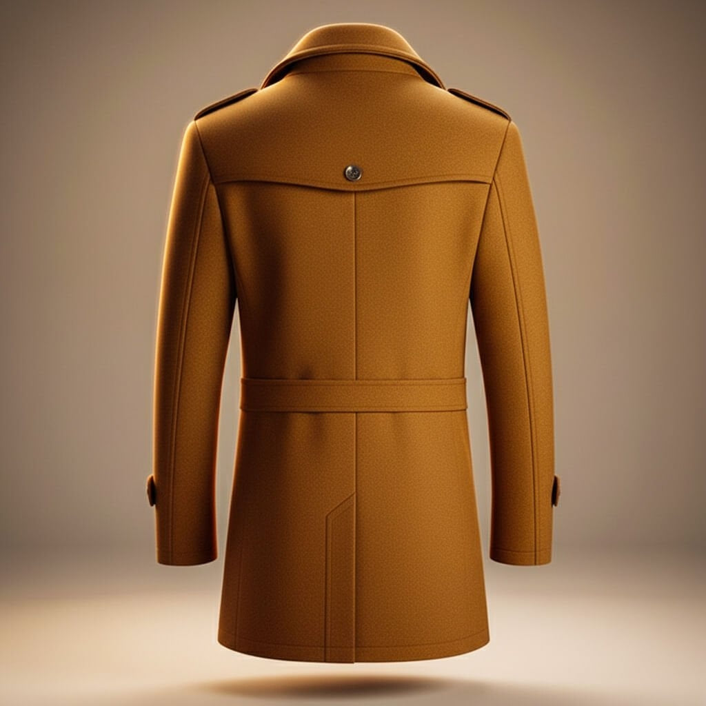 Men's Mid-Length Wool Blend Coat with Double Collar and Zip Closure