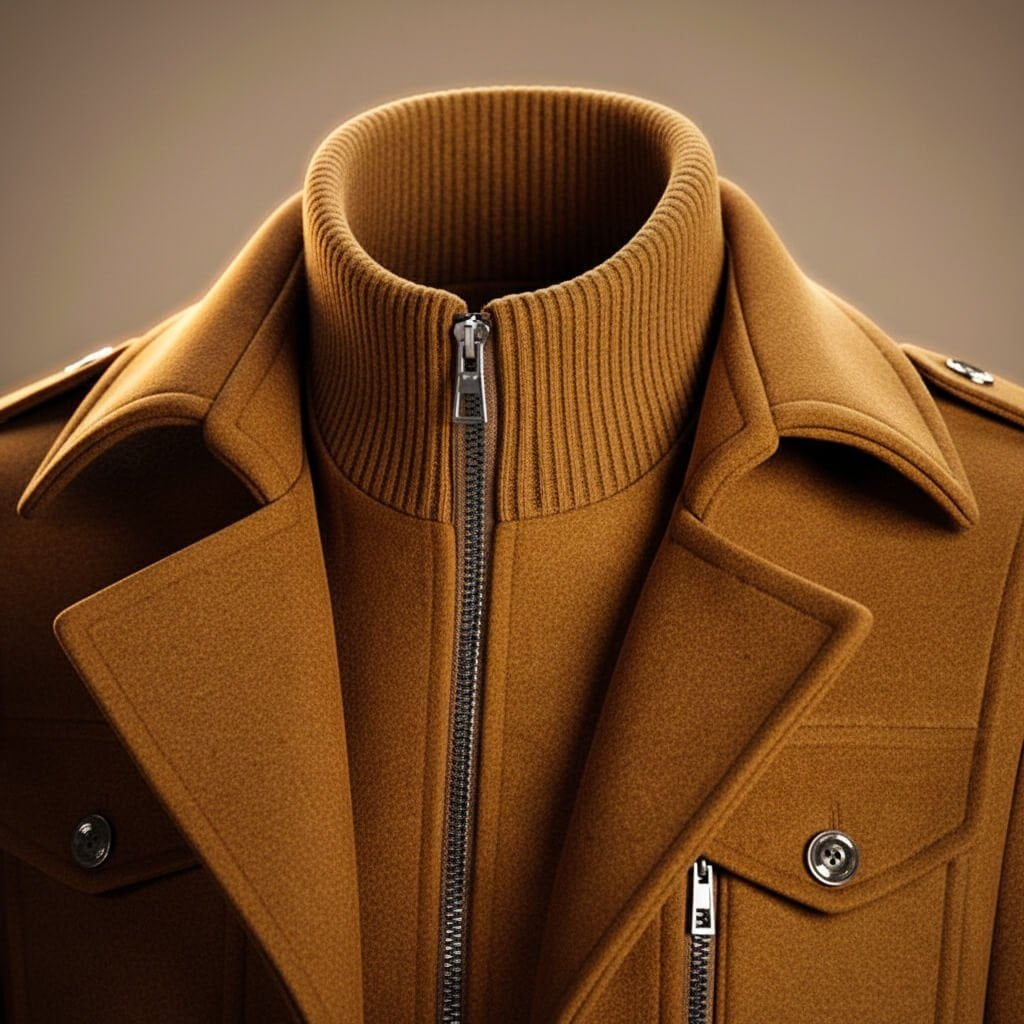 Men's Mid-Length Wool Blend Coat with Double Collar and Zip Closure