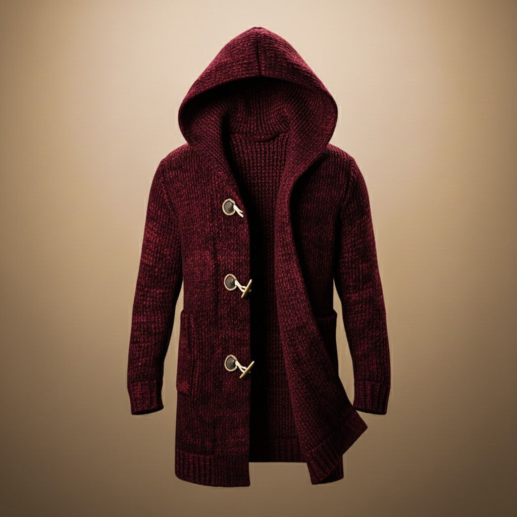 Men's Hooded Wool Blend Knitted Gilet with Toggle Fastening and Ribbed Cuffs