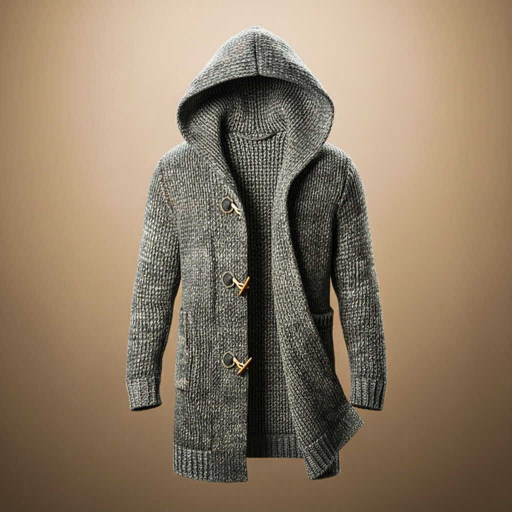 Men's Hooded Wool Blend Knitted Gilet with Toggle Fastening and Ribbed Cuffs