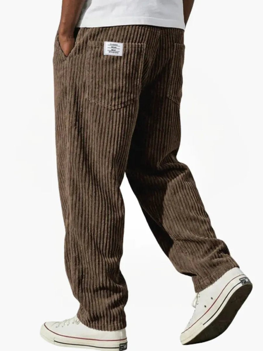 Men's Relaxed Fit Corduroy Trousers with Elastic Waistband and Straight Cut