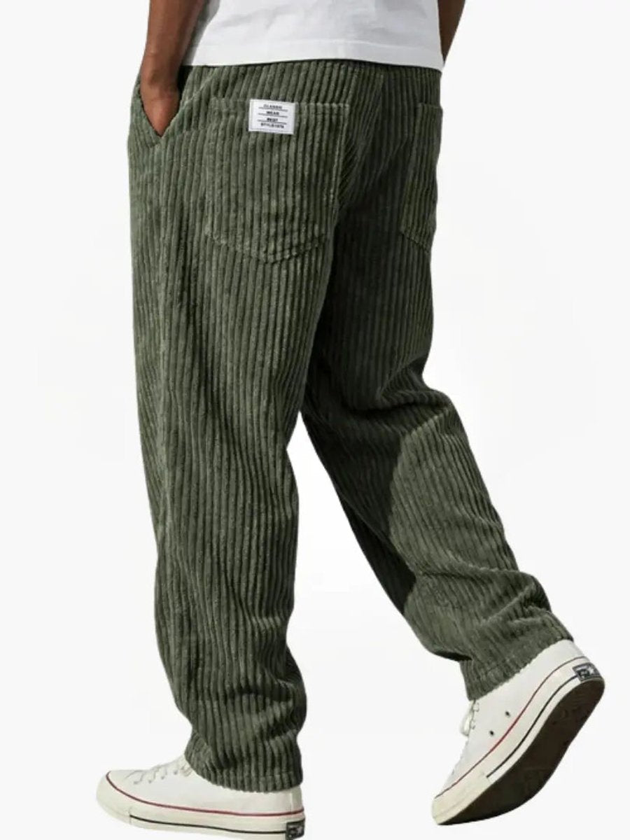 Men's Relaxed Fit Corduroy Trousers with Elastic Waistband and Straight Cut
