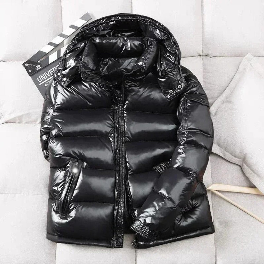 Men's Puffer Jacket with Hood and Front Zip Pockets