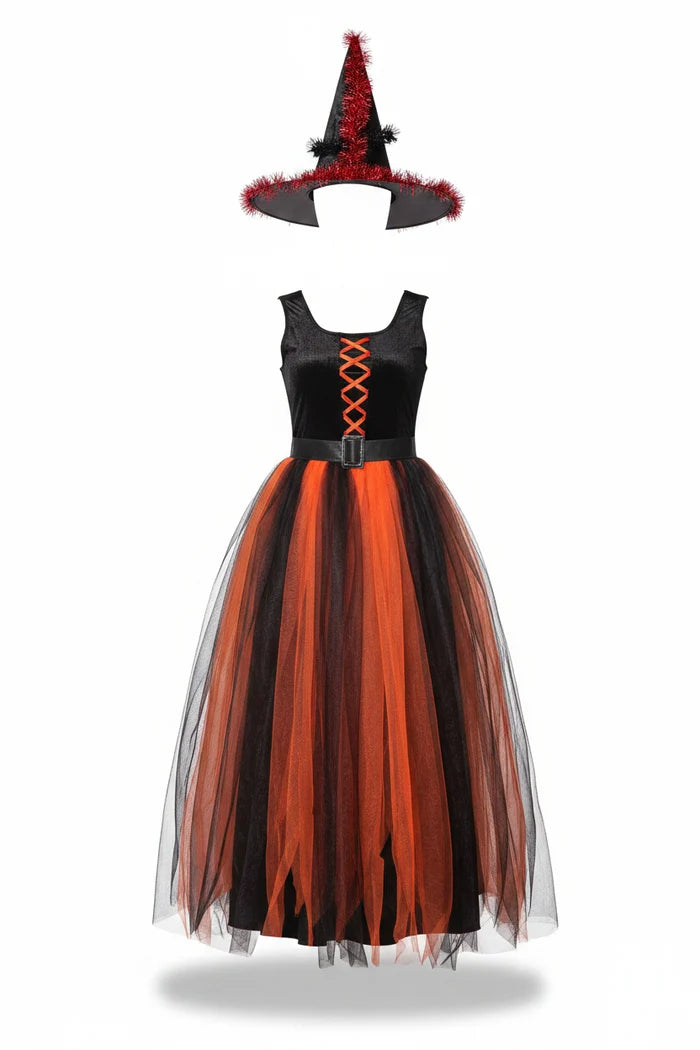 Costume d’Halloween de sorcière pour femme avec corsage à lacets, ceinture et chapeau