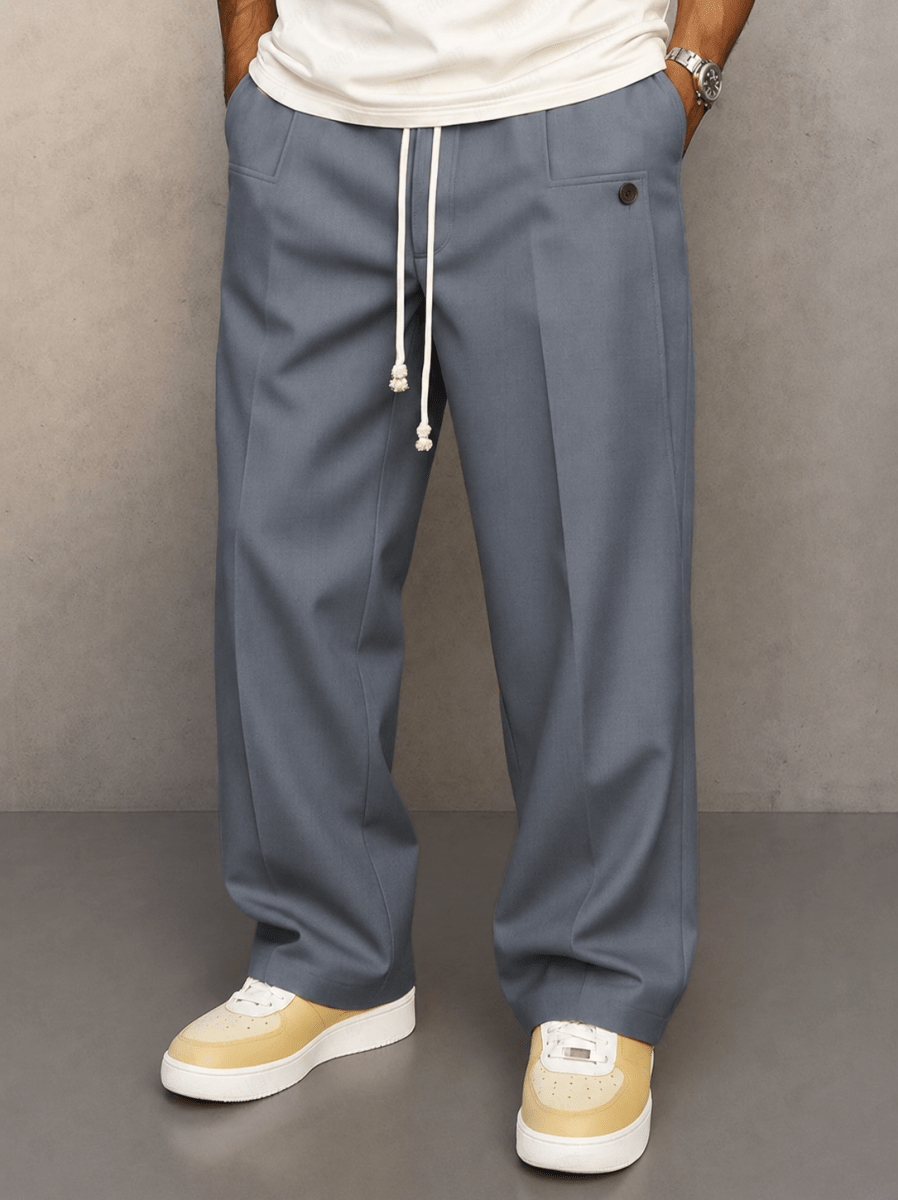 Men's Wide Leg Trousers with Drawstring Waist and Pleated Front