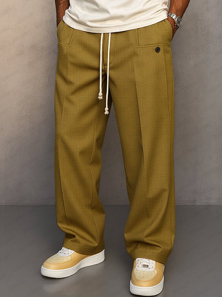 Men's Wide Leg Trousers with Drawstring Waist and Pleated Front