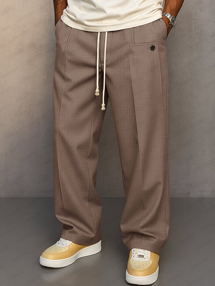 Men's Wide Leg Trousers with Drawstring Waist and Pleated Front