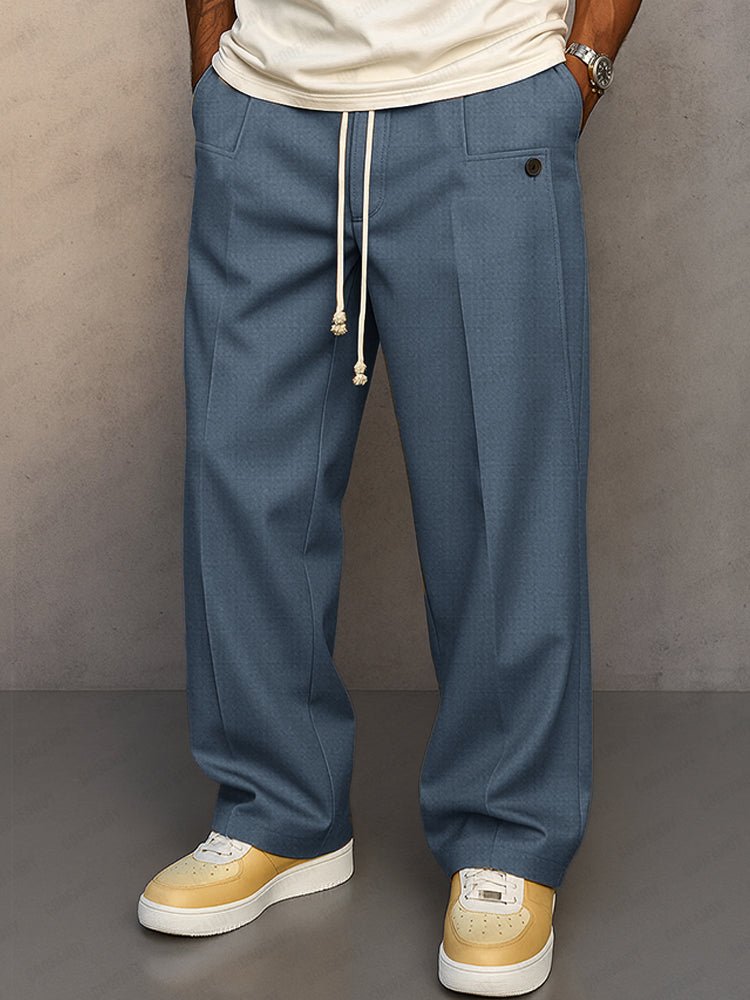 Men's Wide Leg Trousers with Drawstring Waist and Pleated Front
