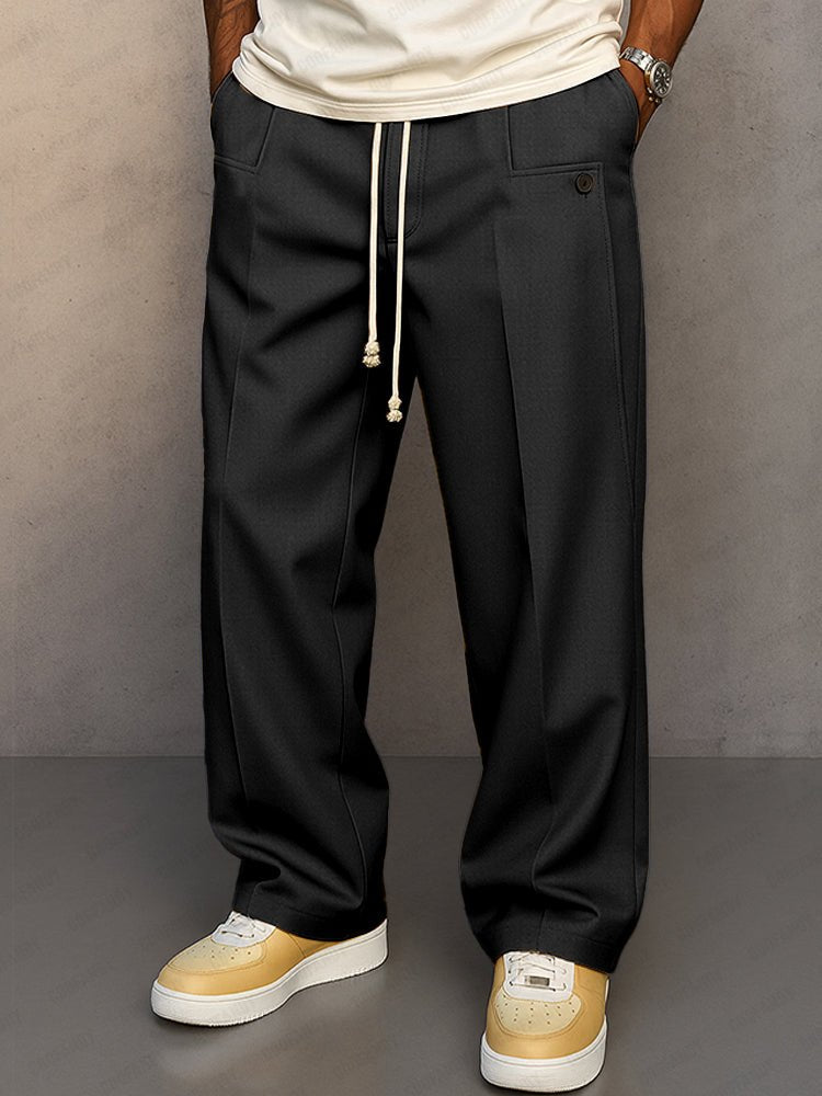 Men's Wide Leg Trousers with Drawstring Waist and Pleated Front