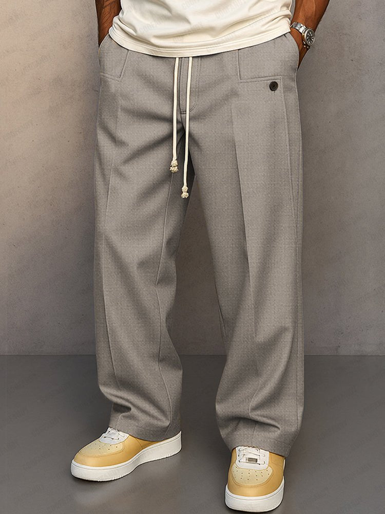 Men's Wide Leg Trousers with Drawstring Waist and Pleated Front