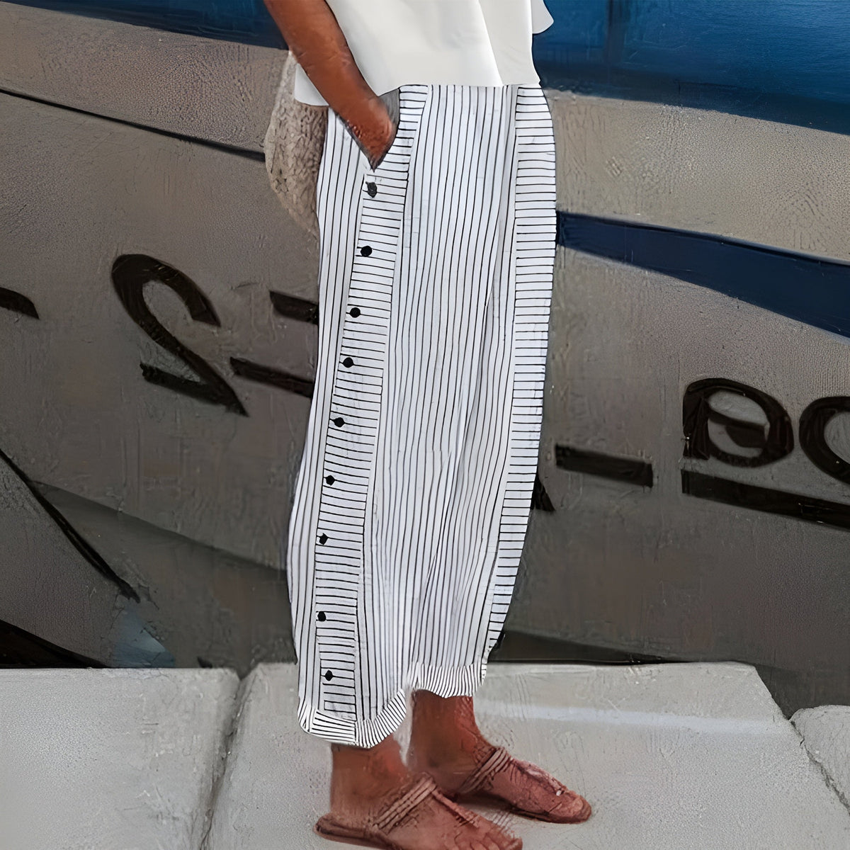 Pantalon rayé pour femmes, taille élastique, jambes droites