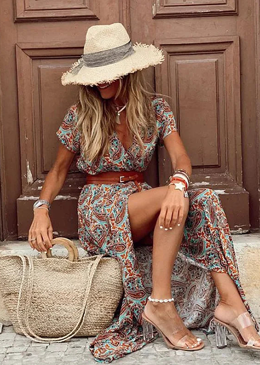 Női boho maxi ruha rövid ujjú, öves ruha