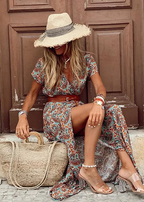 Női boho maxi ruha rövid ujjú, öves ruha