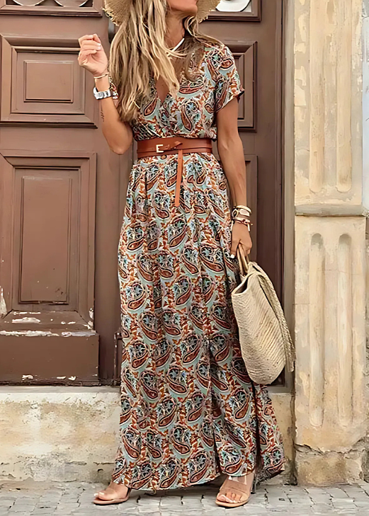 Women's Boho Maxi Dress Short Sleeve Belted Dress