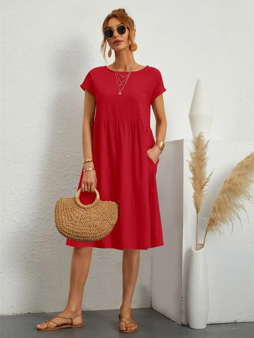 Robe midi à manches courtes pour femme, style de jour