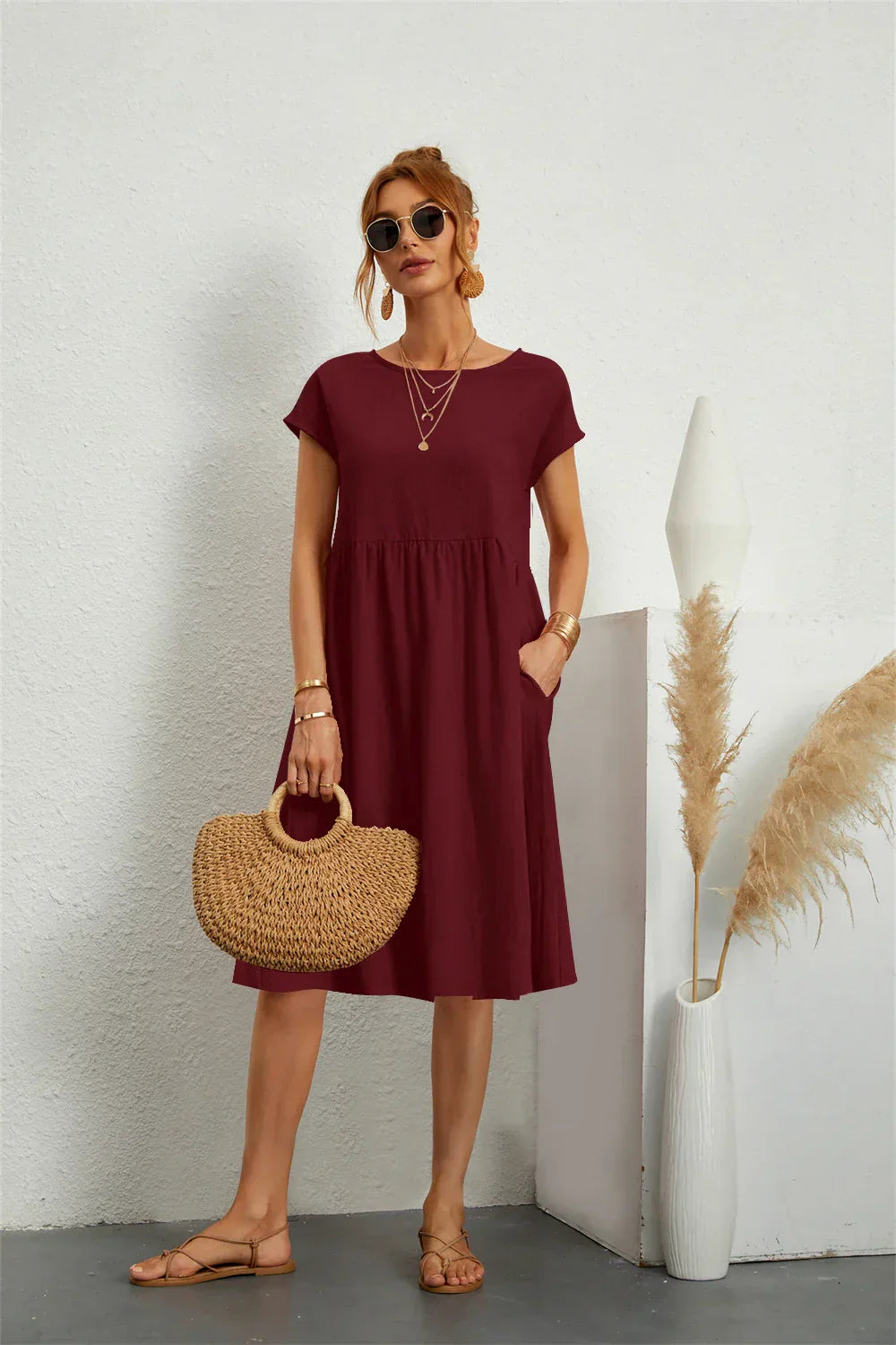 Robe midi à manches courtes pour femme, style de jour