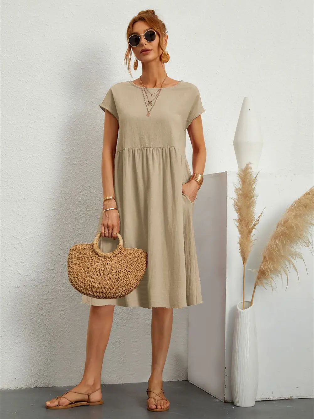 Robe midi à manches courtes pour femme, style de jour
