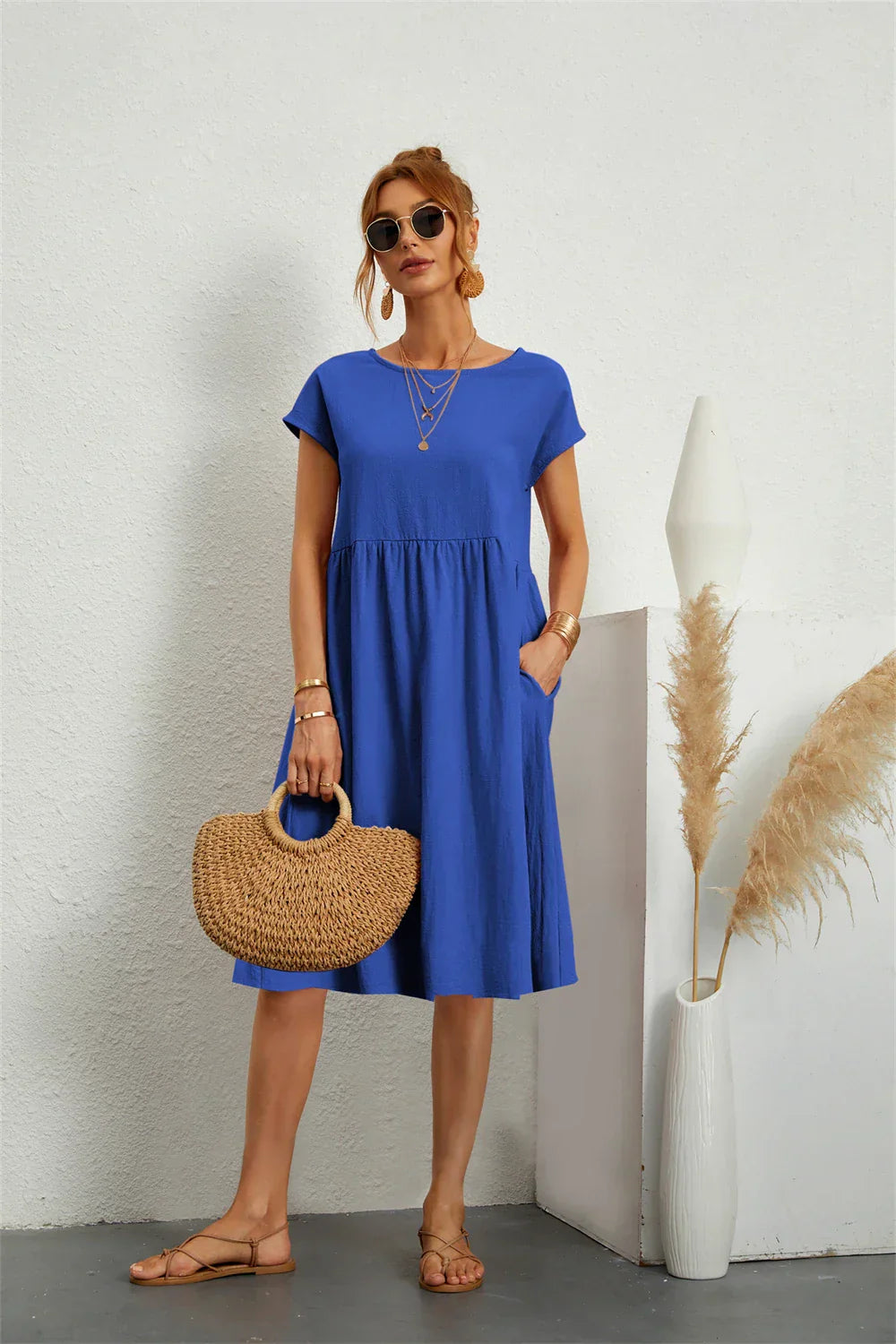 Robe midi à manches courtes pour femme, style de jour