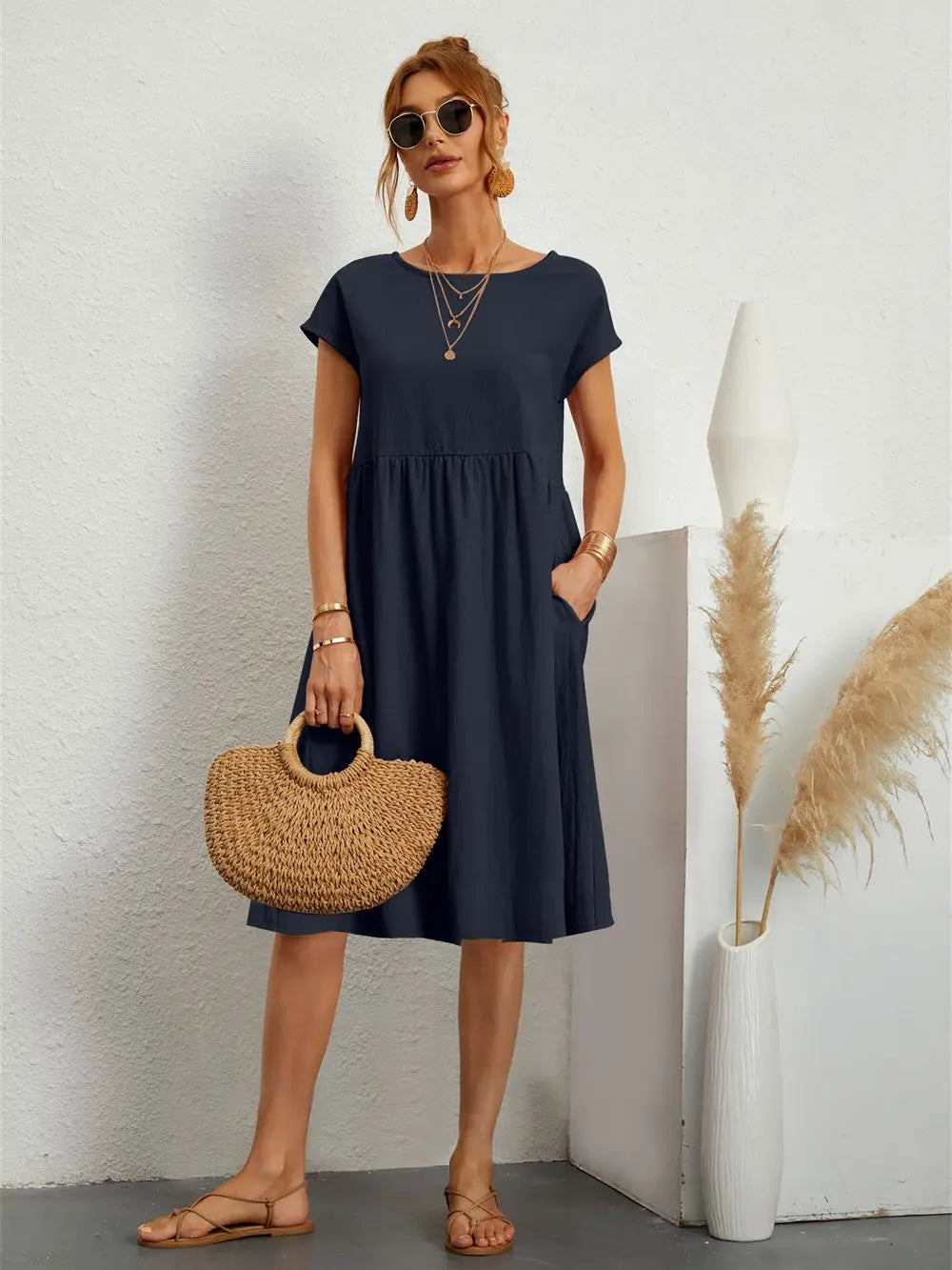 Robe midi à manches courtes pour femme, style de jour