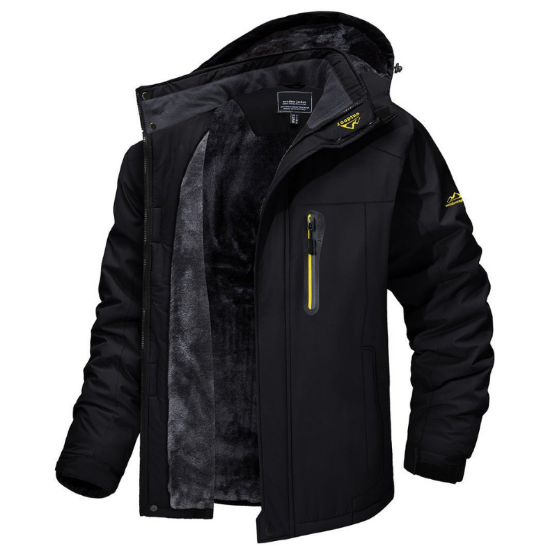 Men's Hooded Winter Jacket with Zip Front and Multiple Pockets