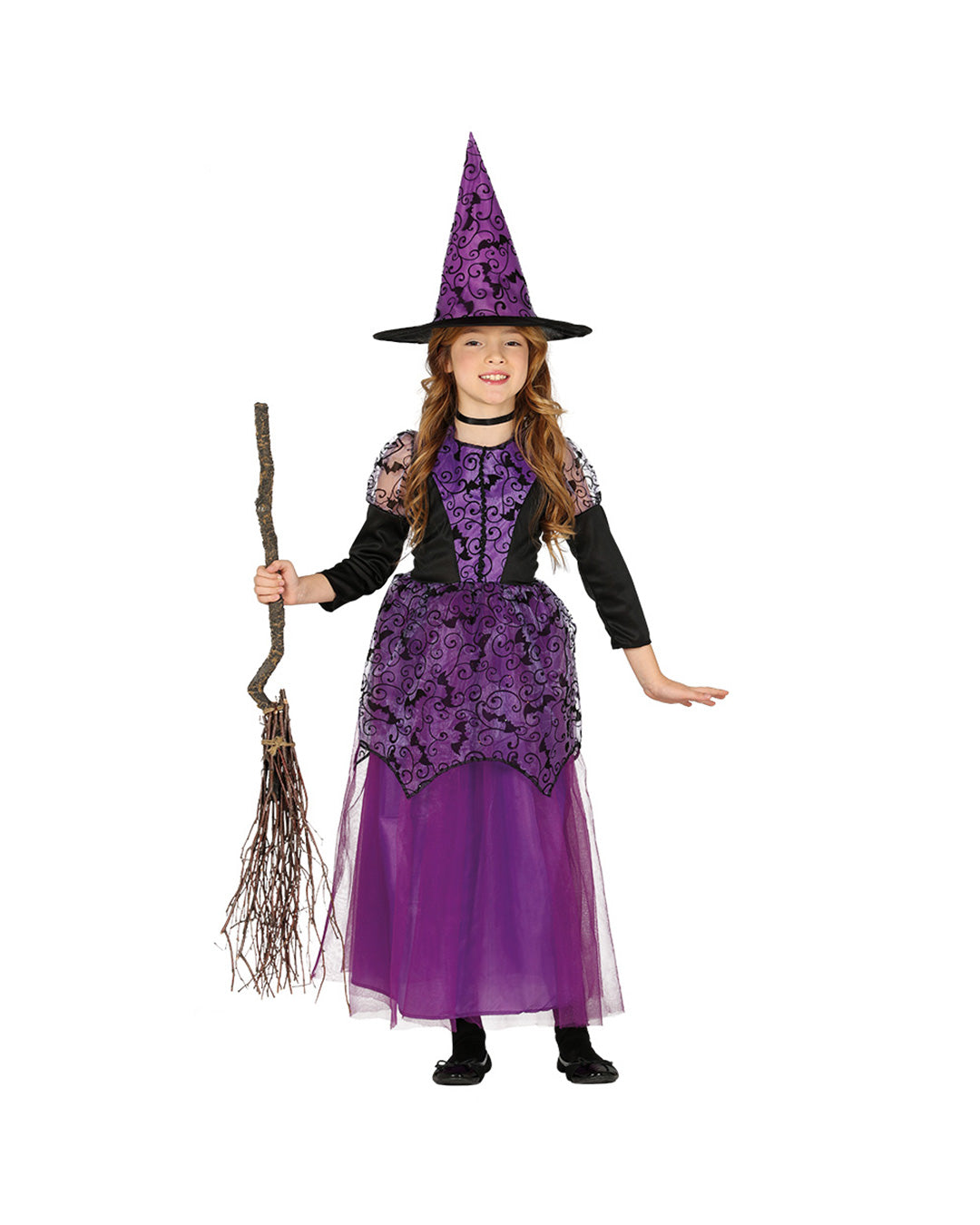 Gyermek boszorkányos halloweenjelmez mintás ruhával és kalappal