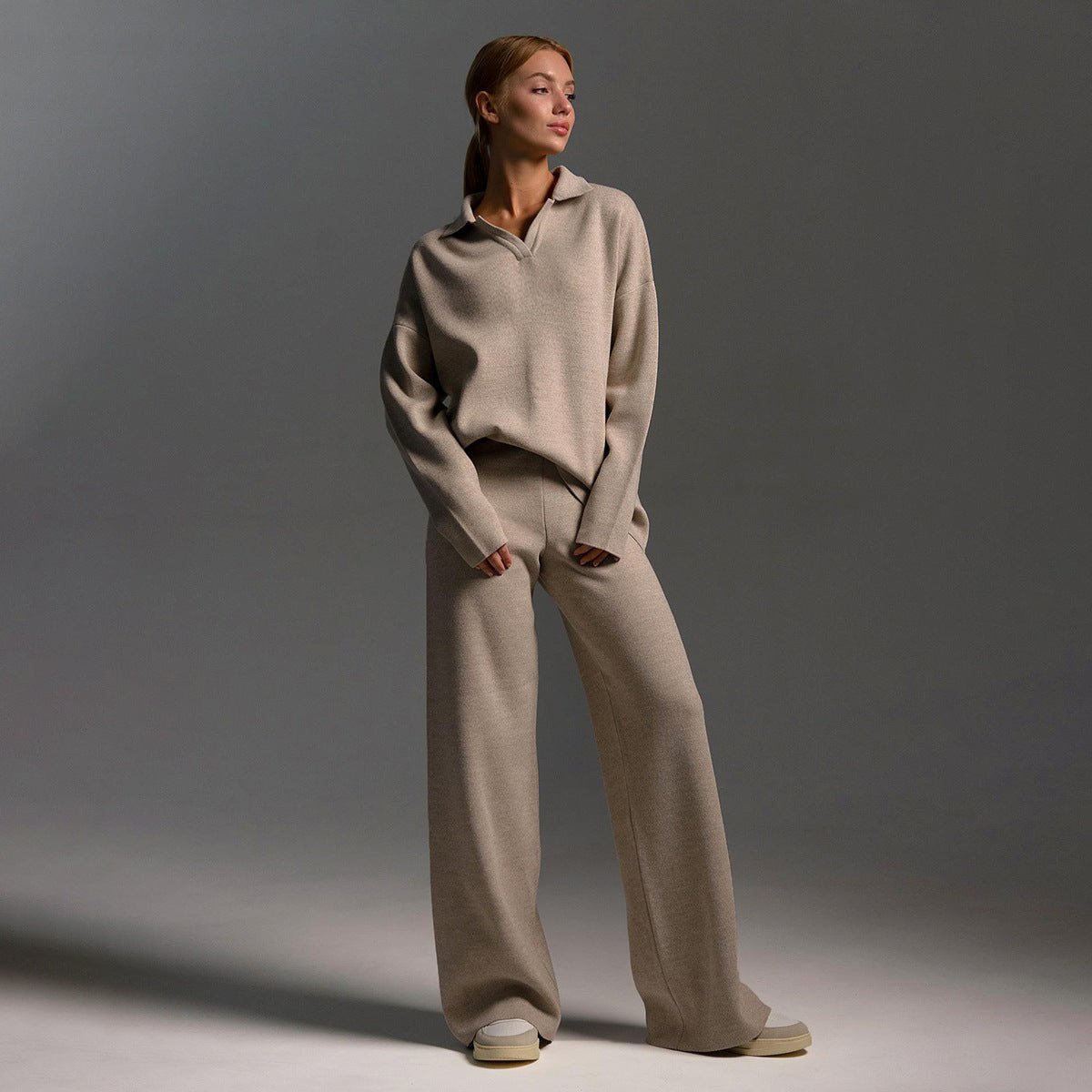 Ensemble de survêtement pour femme assorti, avec haut coupe décontractée et pantalon à jambes larges