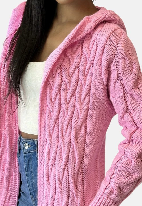 Women's Long Cardigan with Hood, Zip Front and Patch Pockets