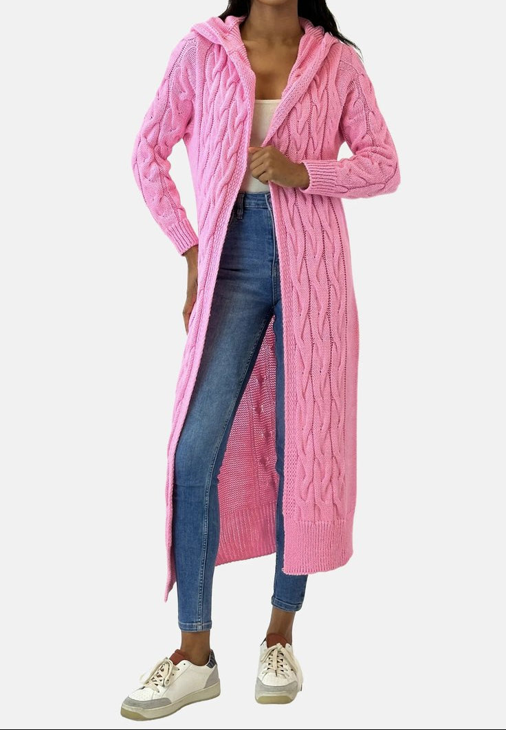 Women's Long Cardigan with Hood, Zip Front and Patch Pockets
