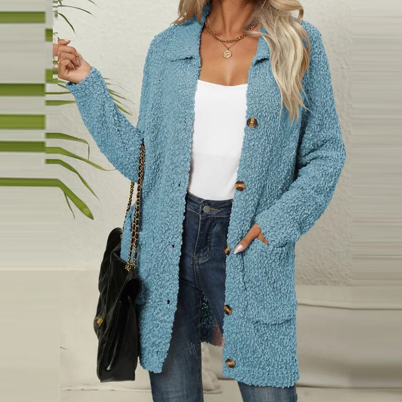 Veste teddy longue pour femme, boutonnée, avec poches avant et finition texturée