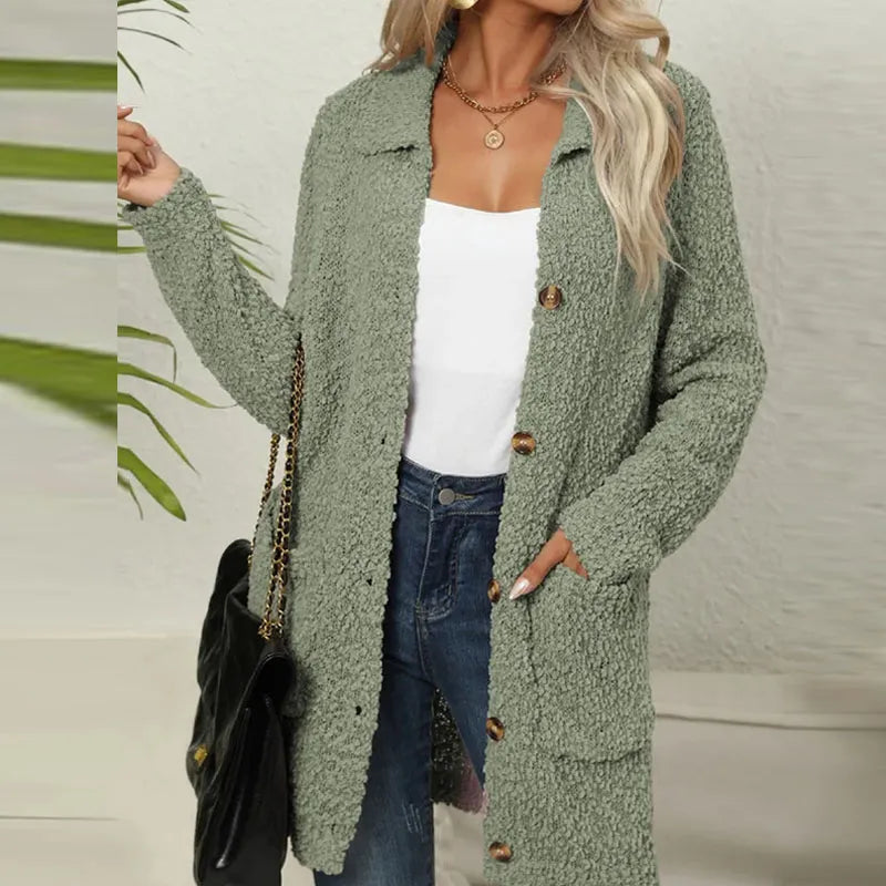 Veste teddy longue pour femme, boutonnée, avec poches avant et finition texturée