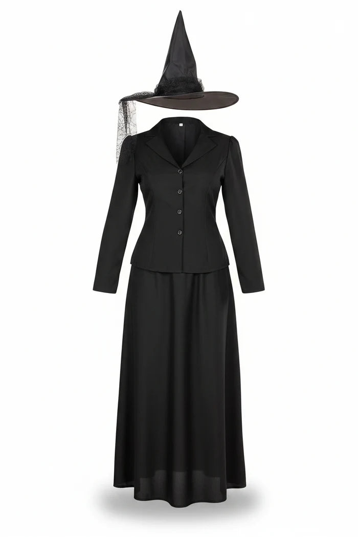 Costume d’Halloween de sorcière pour femme avec veste boutonnée, jupe et chapeau