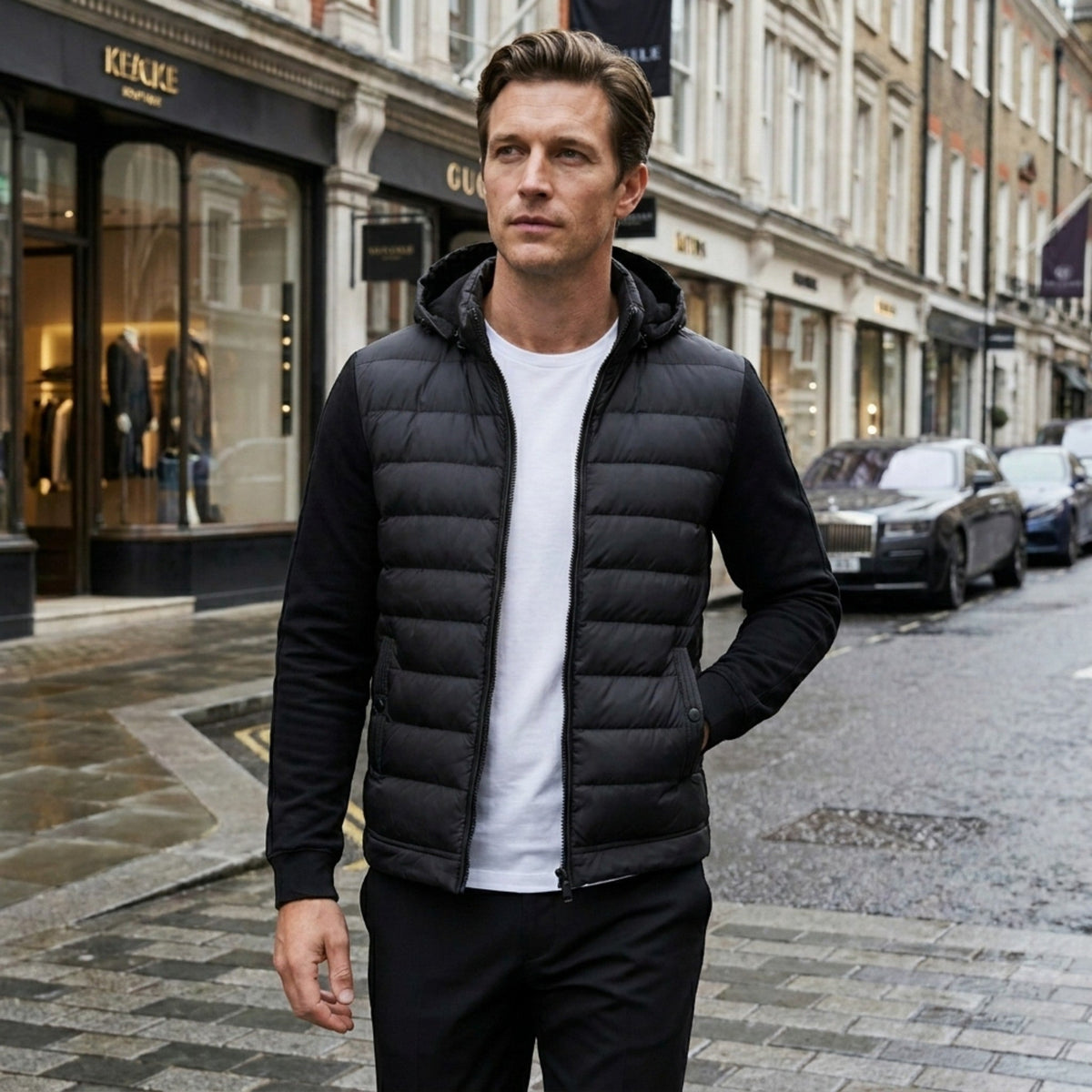 Men’s Hybrid Puffer Jacket Lightweight Hooded Winter Coat SnugBubs Australia