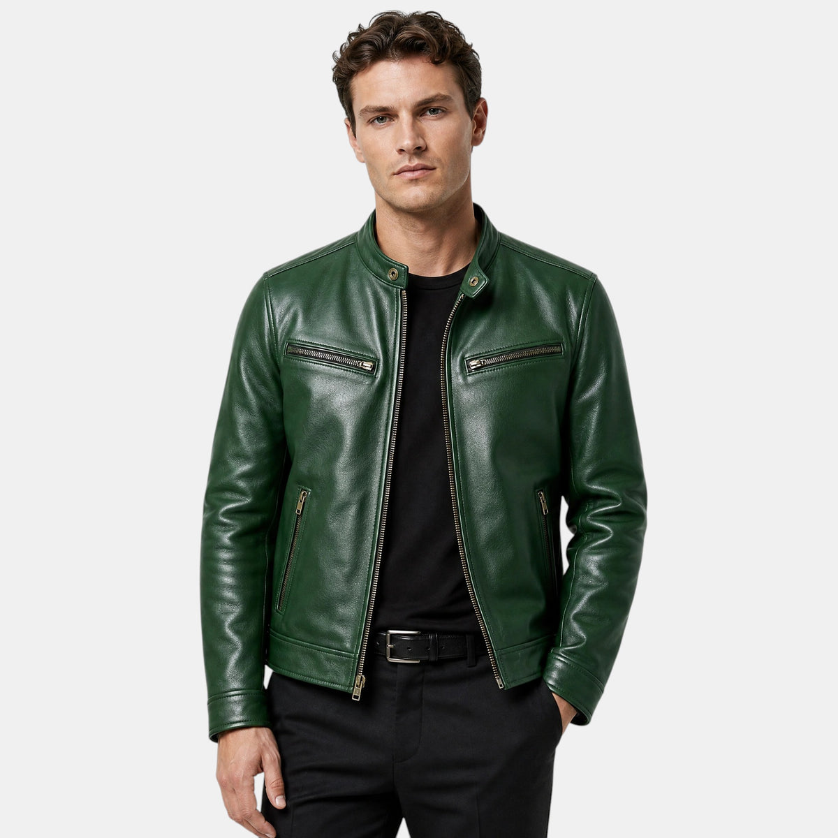 Veste de motard pour homme avec fermeture éclair intégrale sur le devant et poches zippées