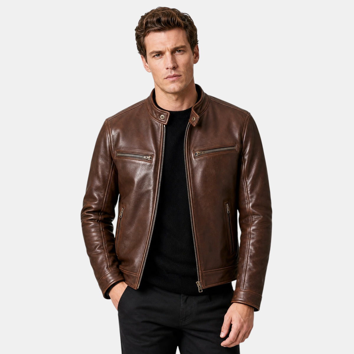 Veste de motard pour homme avec fermeture éclair intégrale sur le devant et poches zippées