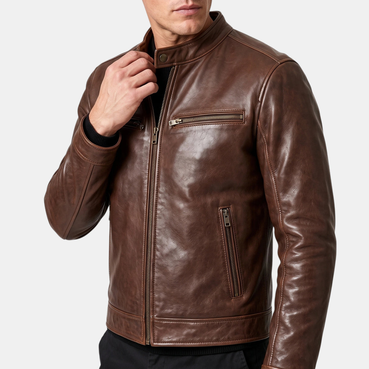 Veste de motard pour homme avec fermeture éclair intégrale sur le devant et poches zippées