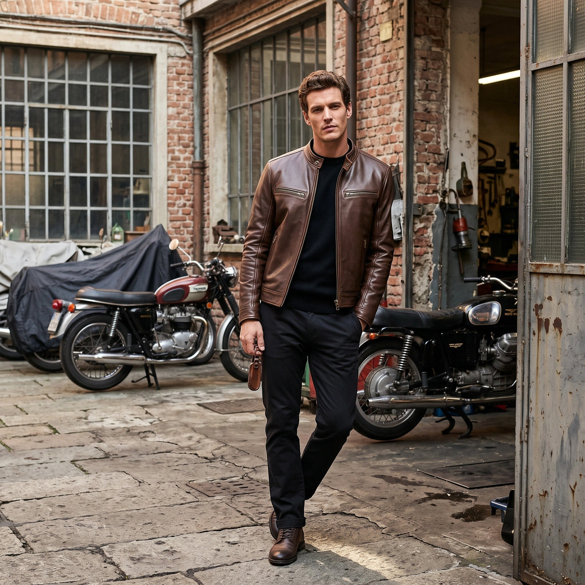 Veste de motard pour homme avec fermeture éclair intégrale sur le devant et poches zippées