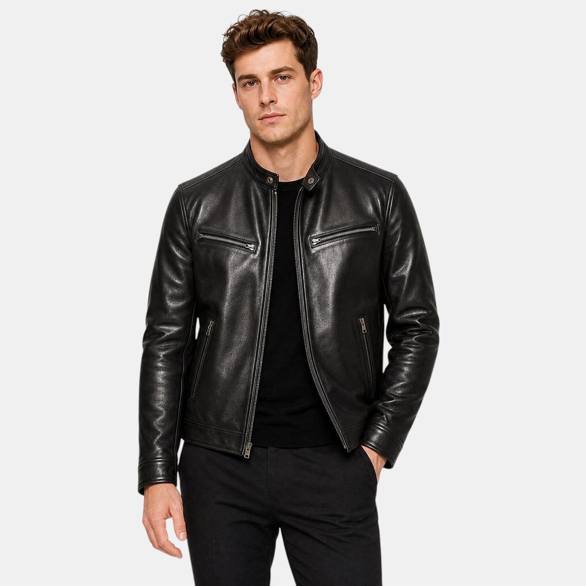 Veste de motard pour homme avec fermeture éclair intégrale sur le devant et poches zippées