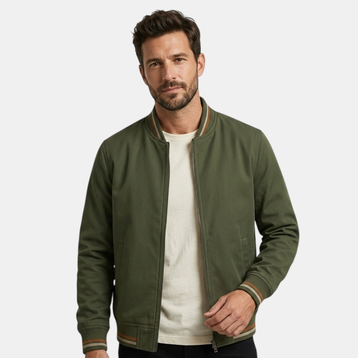 Blouson bomber pour homme avec fermeture à glissière intégrale et ourlet côtelé