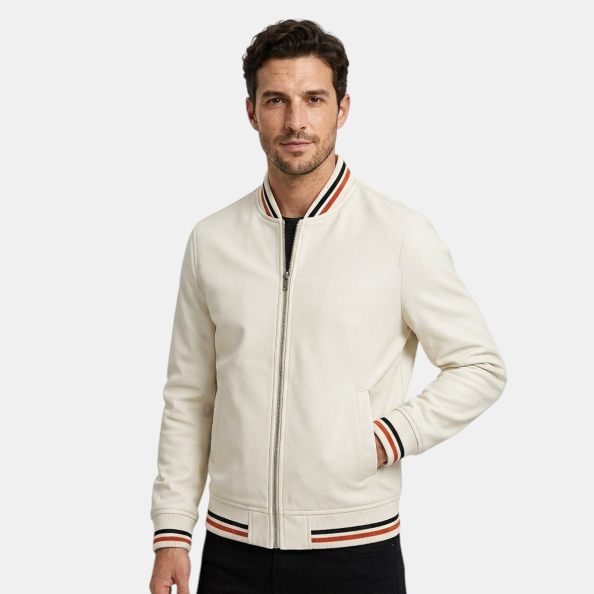 Blouson bomber pour homme avec fermeture à glissière intégrale et ourlet côtelé
