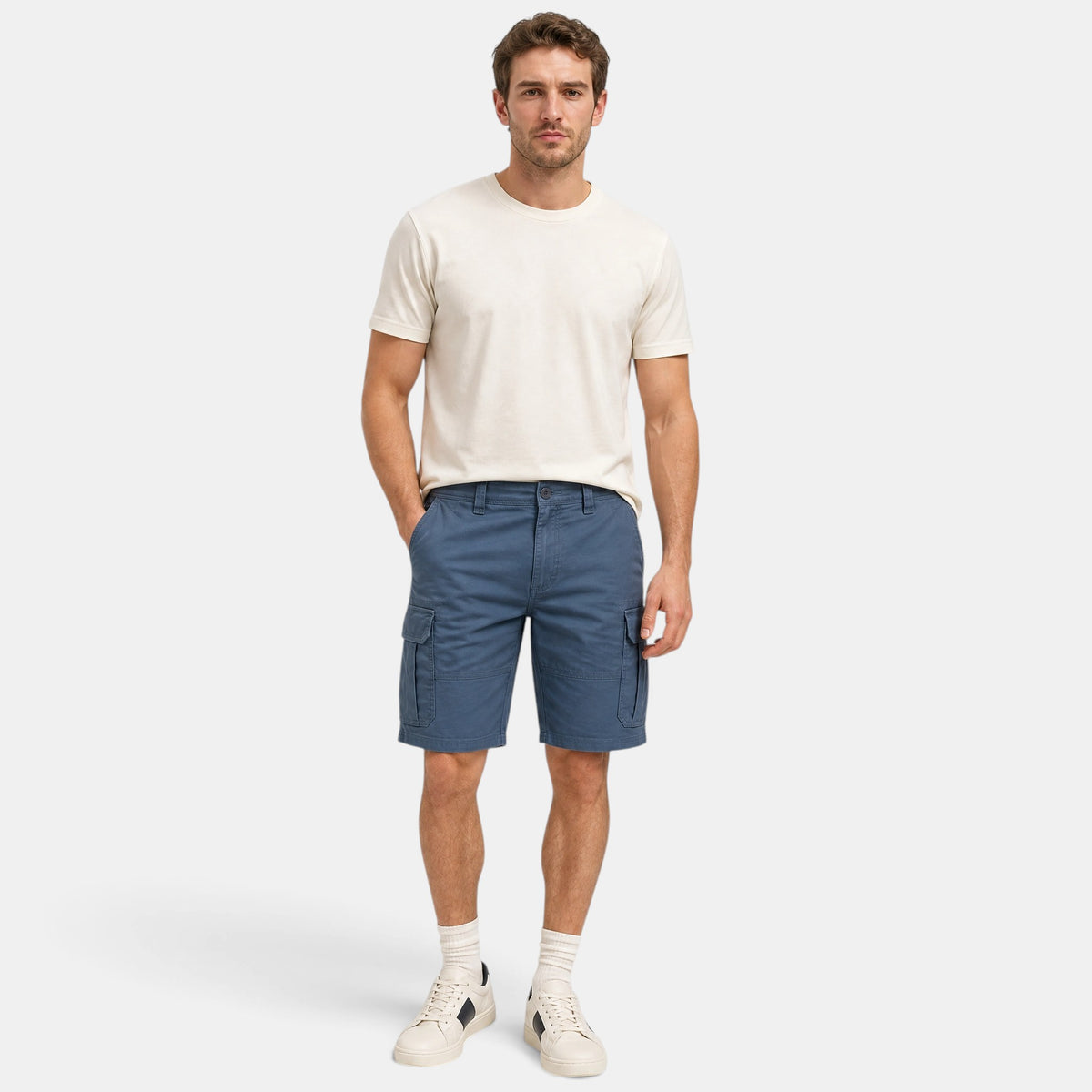 Men's Cargo Shorts with Button Fastening and Flap Pockets