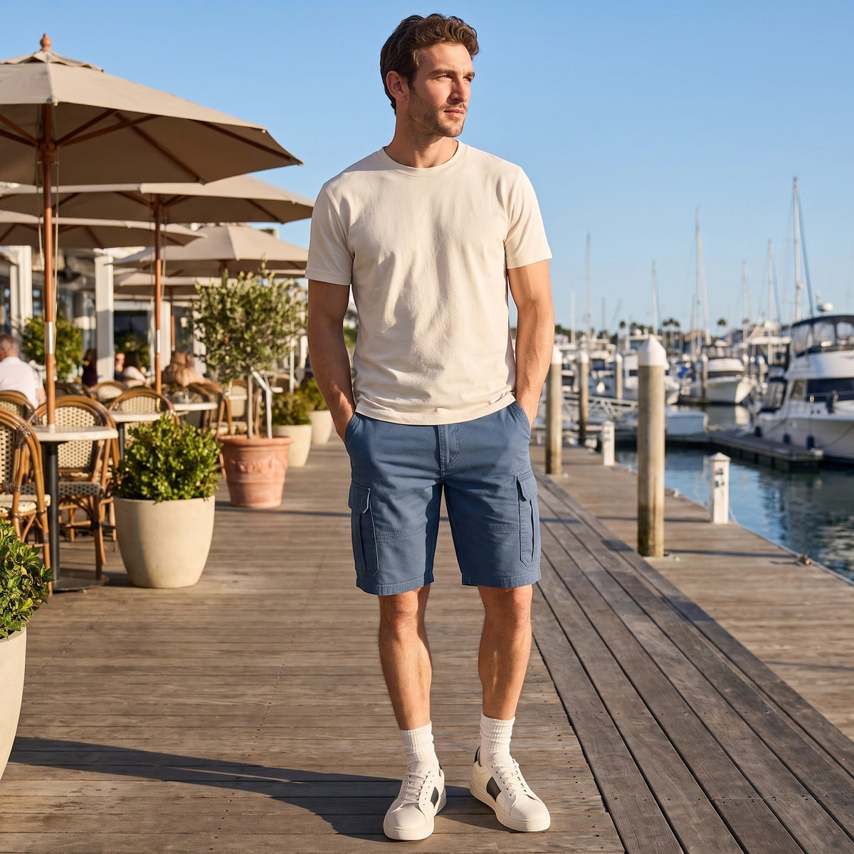 Men's Cargo Shorts with Button Fastening and Flap Pockets