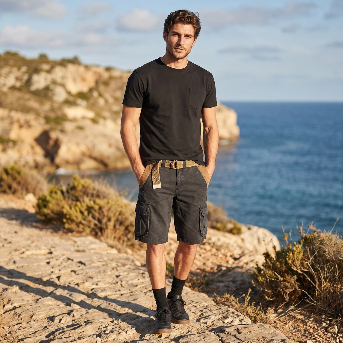 Men's Cargo Shorts with Multiple Pockets and Belt Loops