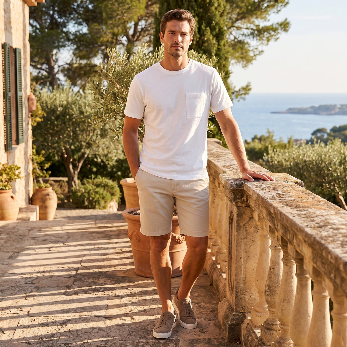 Men's Chino Shorts with Button Fastening and Belt Loops