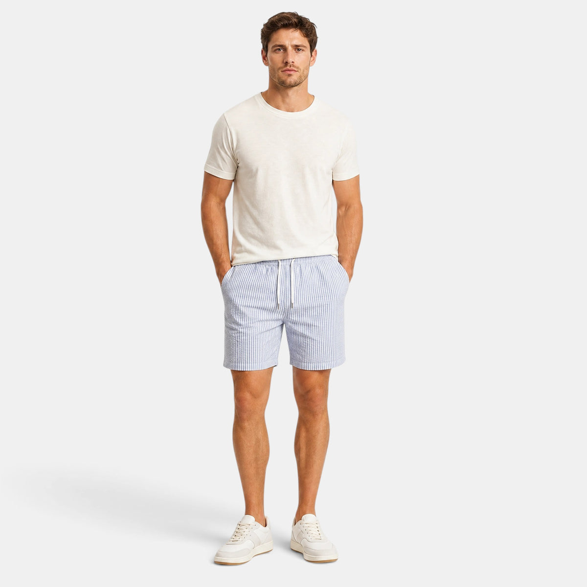 Men's Drawstring Shorts with Striped Design and Elastic Waist