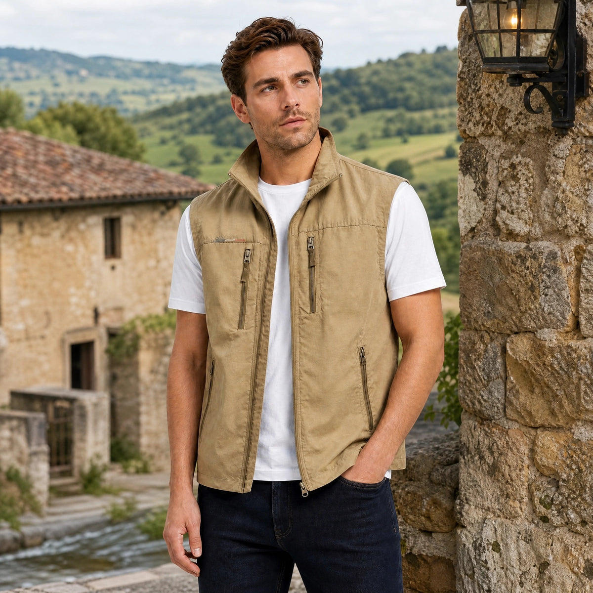 Gilet pour homme zippé, à col montant et doté de plusieurs poches zippées