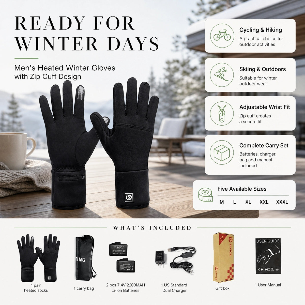 Men's Heated Winter Gloves with Zip Cuff Design