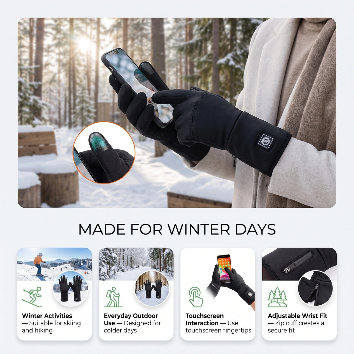 Men's Heated Winter Gloves with Zip Cuff Design