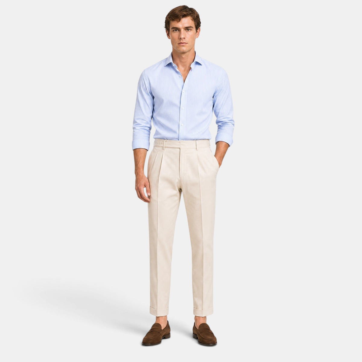 Pantalon habillé pour homme taille haute, avec plis à l’avant et pattes de serrage latérales à la taille