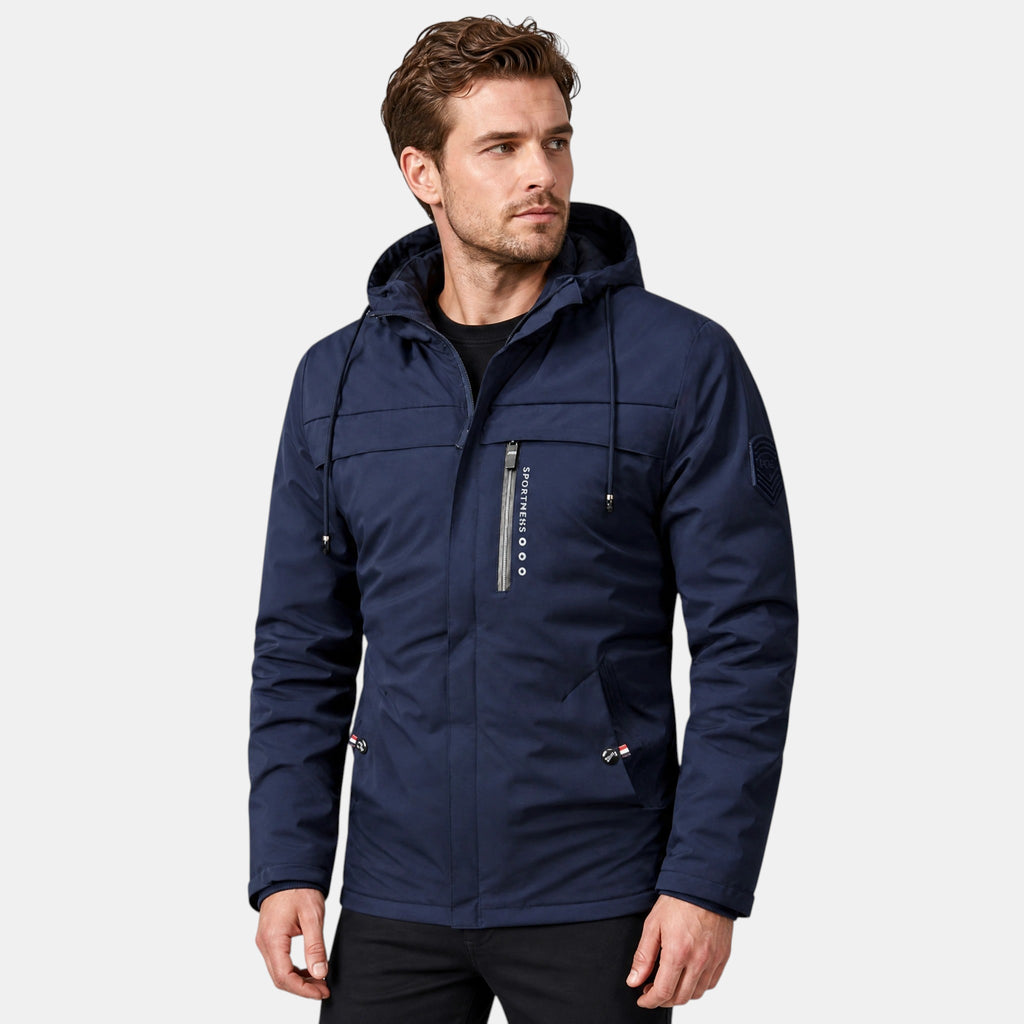 Men's Hooded Jacket with Front Zip and Multiple Pockets