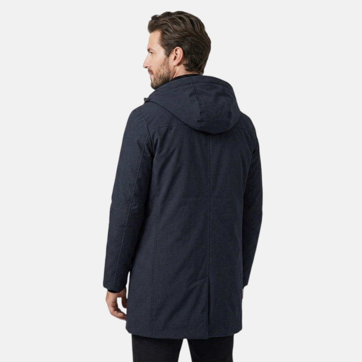 Veste à capuche pour homme avec fermeture zippée intégrale sur le devant et coupe longue